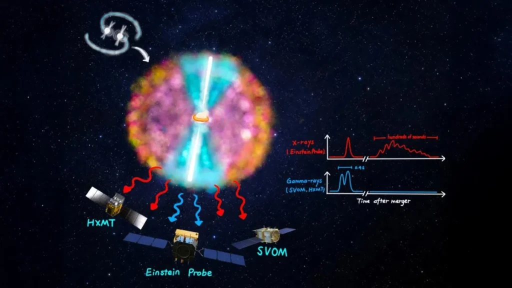Representación artística de la fusión de dos estrellas de neutrones y emisión de rayos X