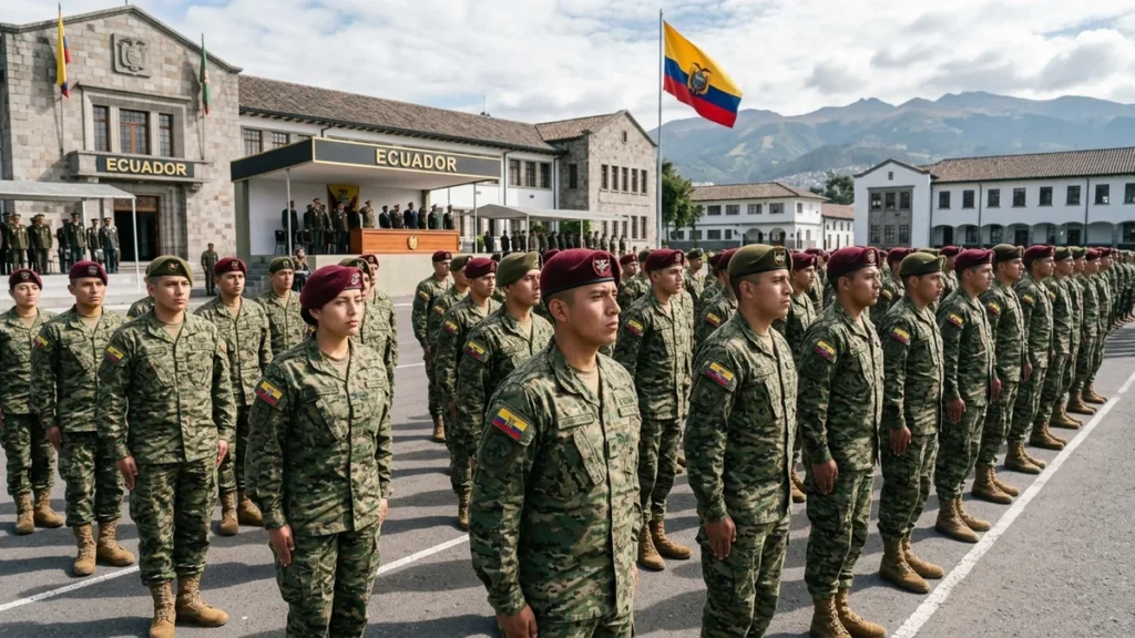 Aspirantes y uniformados del Ejército Ecuatoriano durante formación institucional