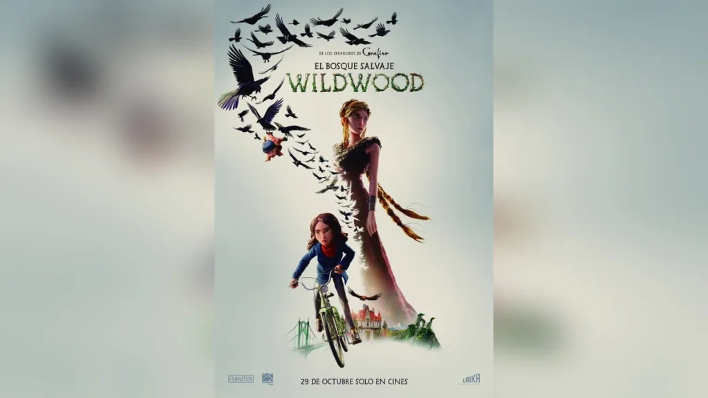Póster de la película El Bosque Salvaje con una joven en bicicleta y cuervos