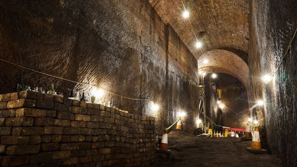 Arco de ladrillo abovedado en el interior de los túneles subterráneos de Joseph Williamson en Liverpool