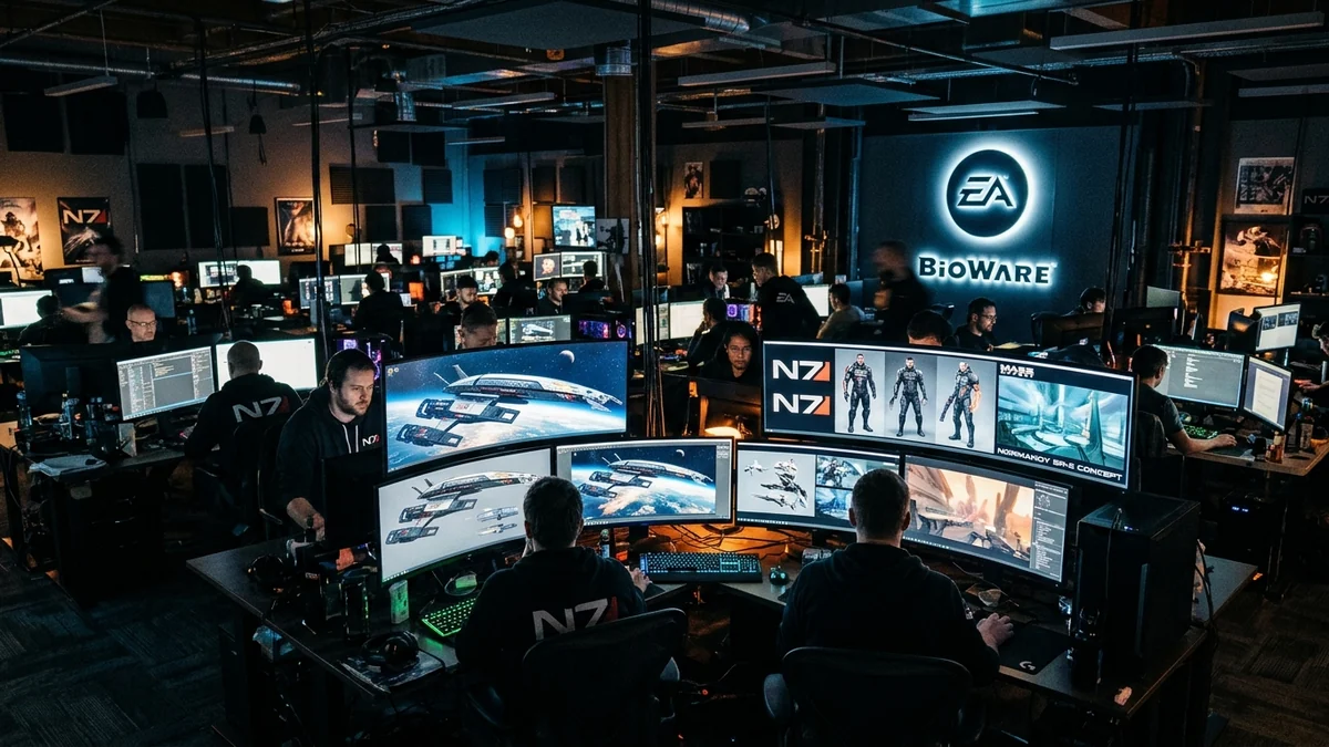 Estudio de desarrollo de videojuegos con pantallas y logotipos de BioWare y EA