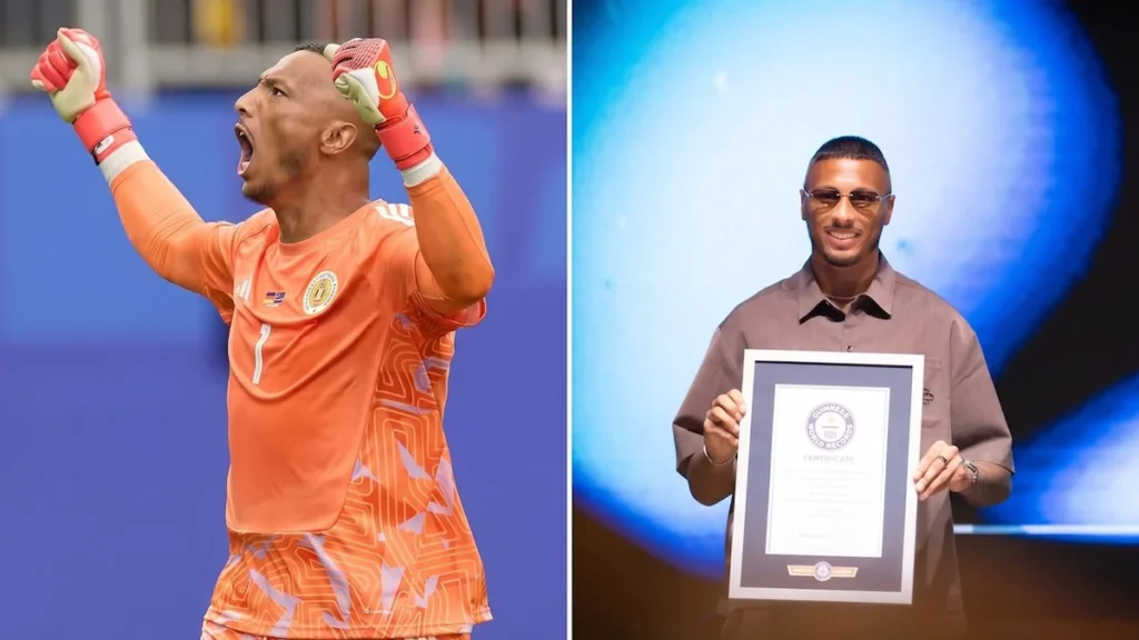 Eloy Room posa con el certificado oficial de Guinness World Records por sus atajadas en el Mundial