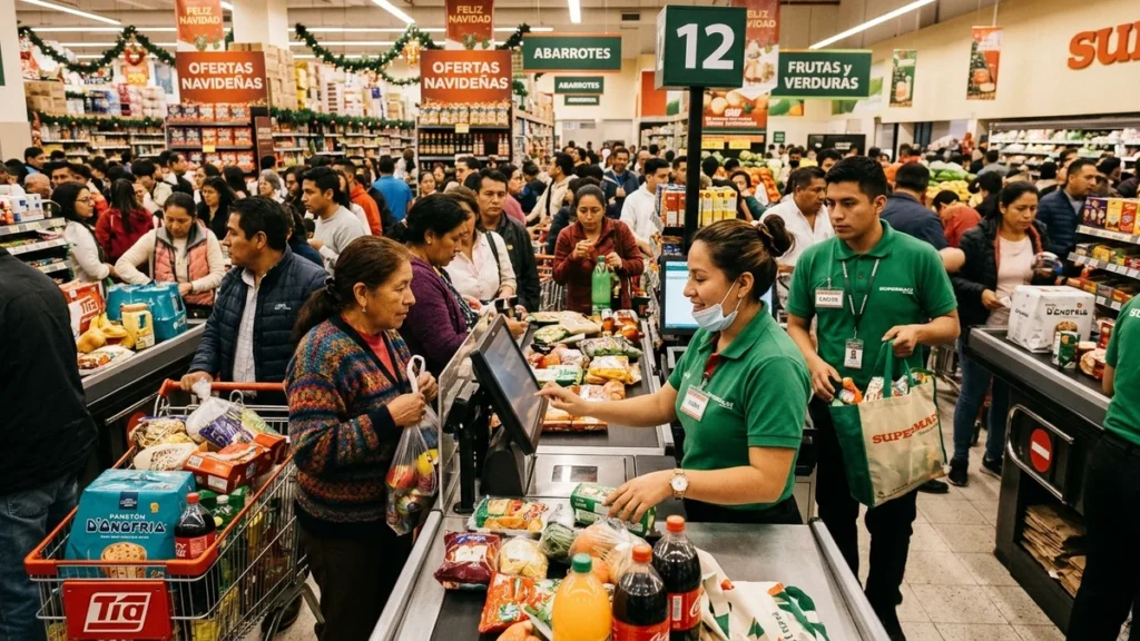 Trabajadores y cajeras en un supermercado y centro comercial atendiendo clientes durante el feriado