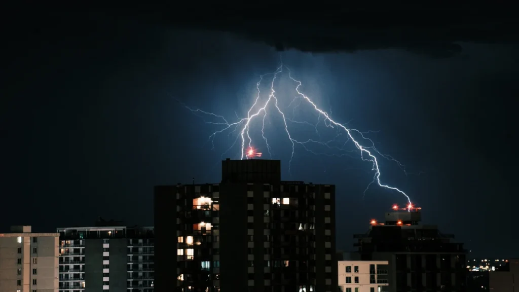 Rayos y descargas eléctricas iluminan el cielo sobre edificios de una ciudad