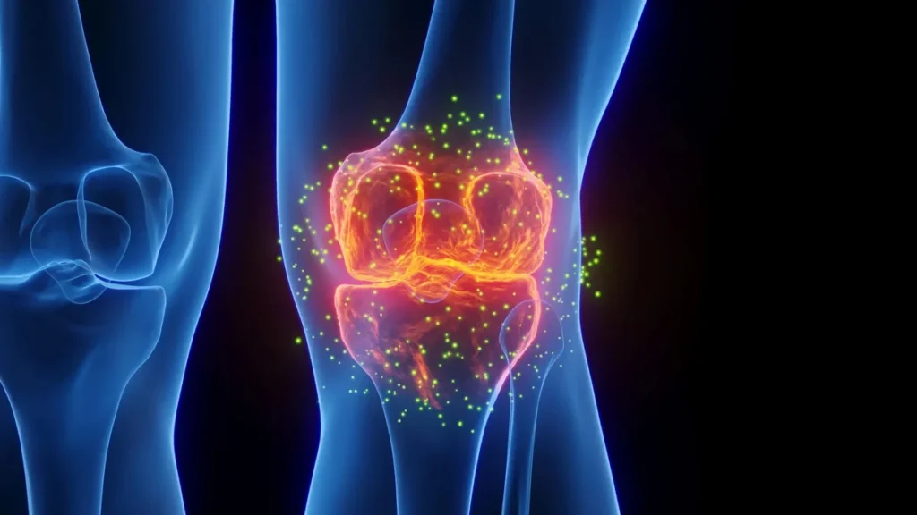 Modelo 3D de articulación de rodilla con cartílago inflamado por osteoartritis