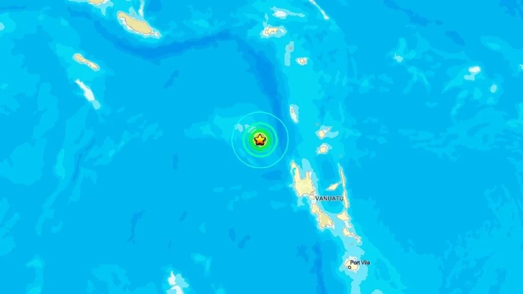 Mapa del epicentro sísmico en el archipiélago de Vanuatu en el océano Pacífico