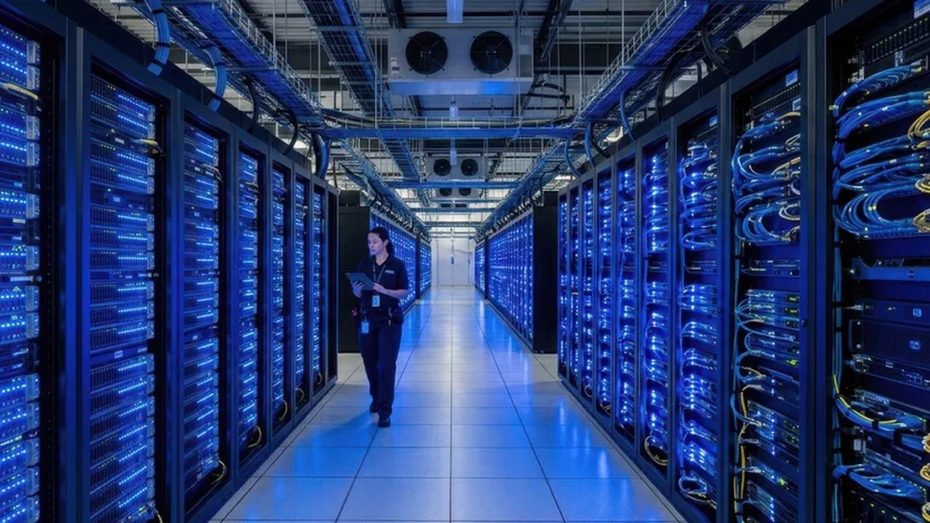Servidores y racks con iluminación LED en moderno centro de datos