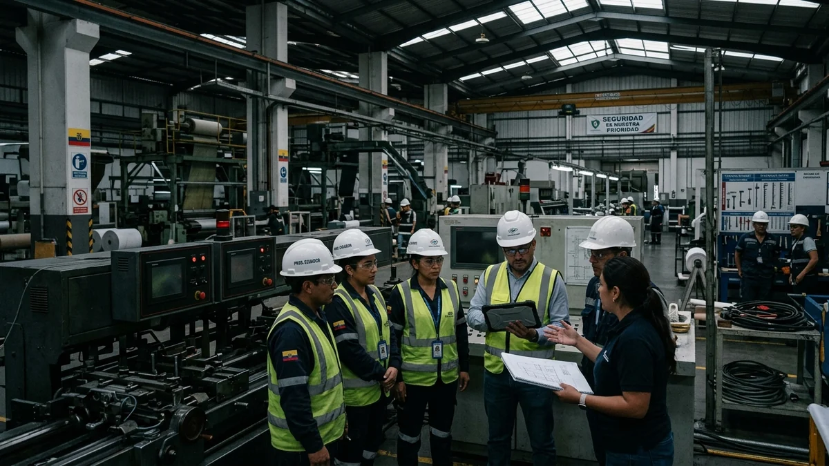 Trabajadores e ingenieros de una fábrica industrial en Ecuador analizando planes durante una desconexión eléctrica