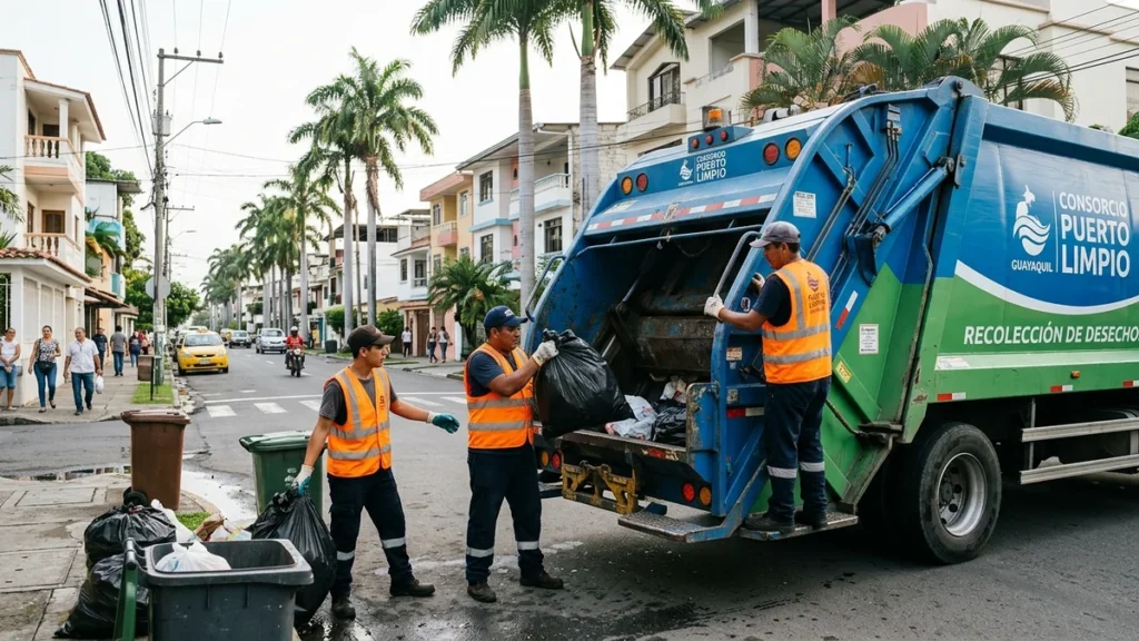 Trabajadores de aseo urbano recolectando desechos en camión compactador en Guayaquil