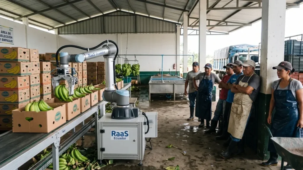 Robot industrial y trabajador en planta de automatización tecnológica