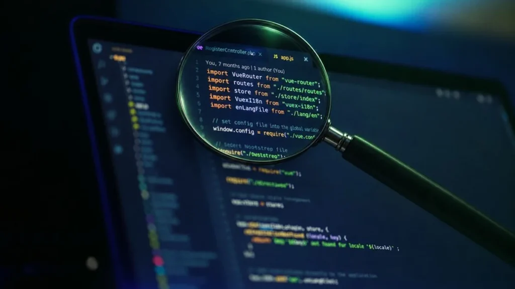 Líneas de código de ciberseguridad iluminadas en la penumbra de un centro de datos