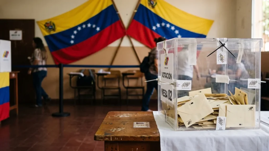 Ilustración simbólica de una urna de votación y la bandera nacional de Venezuela