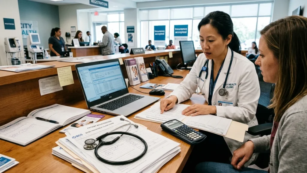 Escritorio médico con facturación clínica, calculadora y pólizas de seguro de salud privada