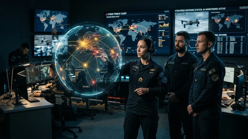 Centro de mando militar con visualización holográfica e inteligencia artificial