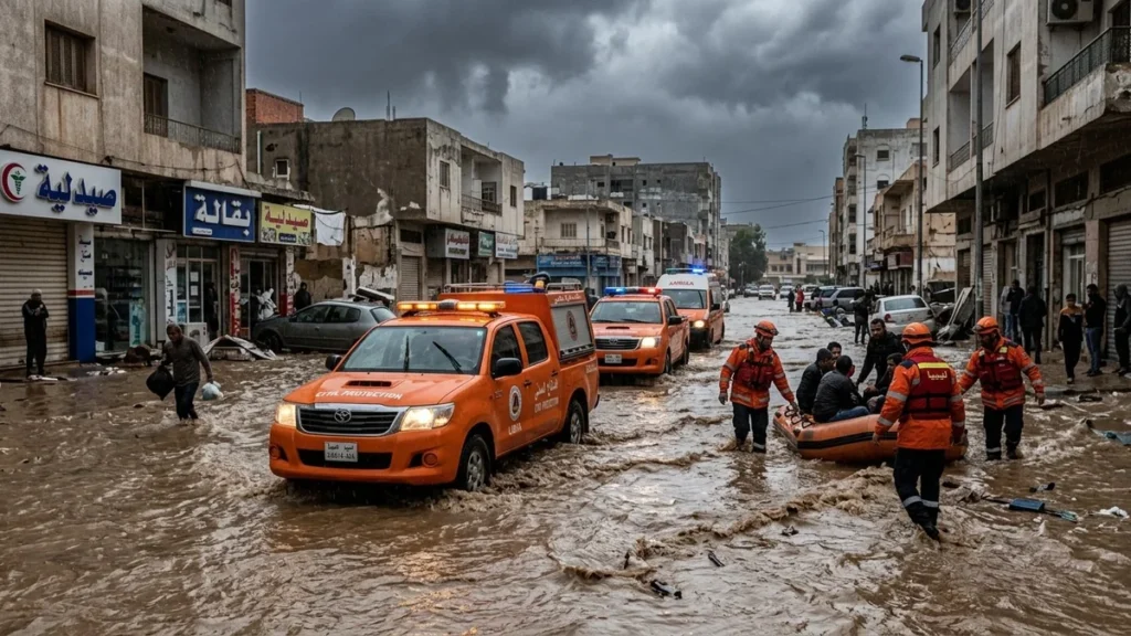Calles anegadas y vehículos de emergencia civil en Trípoli tras fuertes lluvias