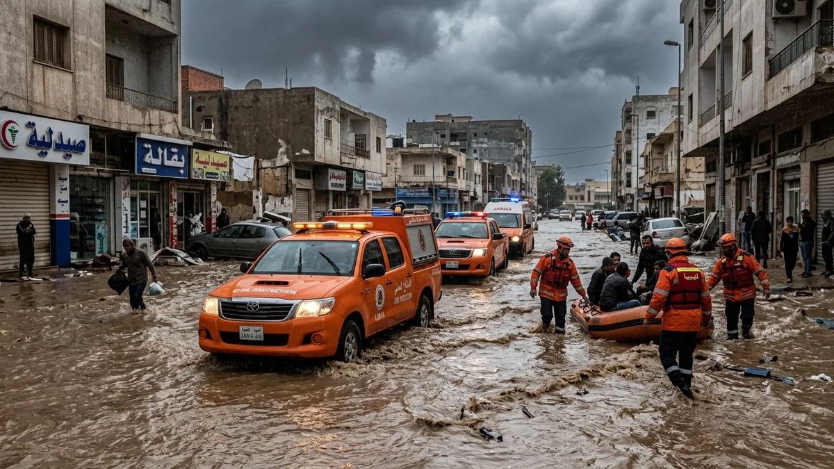Calles anegadas y vehículos de emergencia civil en Trípoli tras fuertes lluvias
