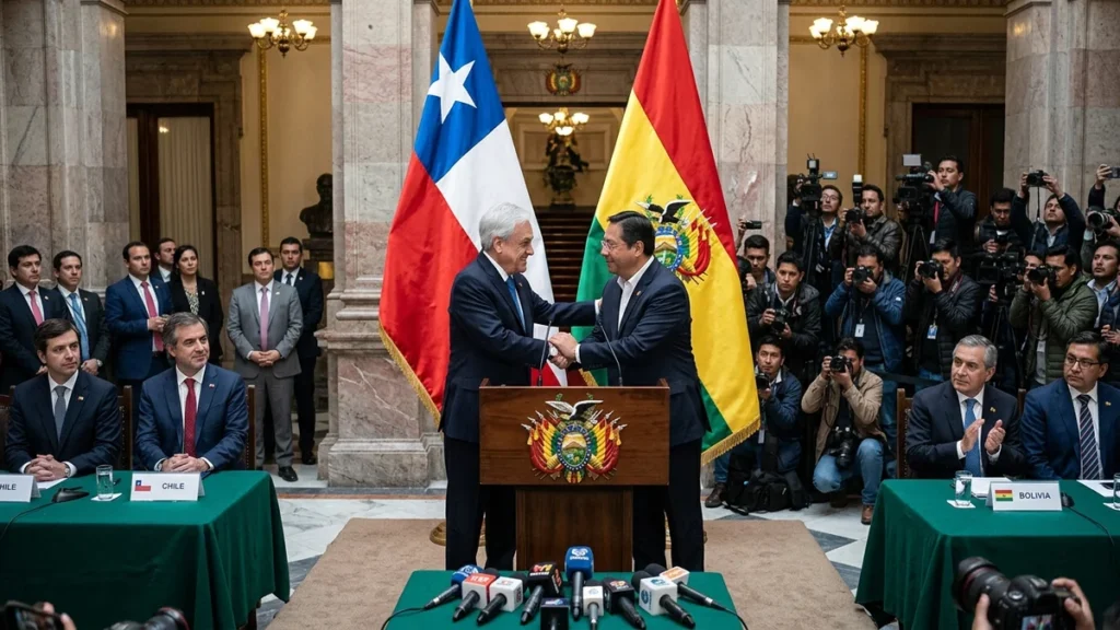 José Antonio Kast y Rodrigo Paz estrechando manos en el palacio de gobierno de La Paz