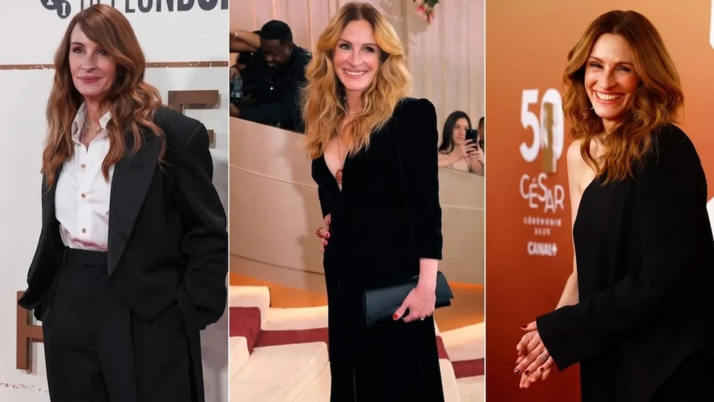 La actriz Julia Roberts sonriendo en un evento de gala cinematográfica