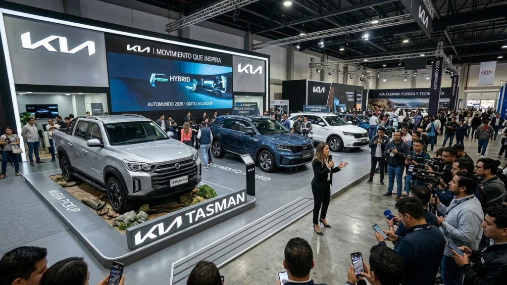 Stand de Kia en Automundo 2026 con modelos híbridos y la pick-up Tasman
