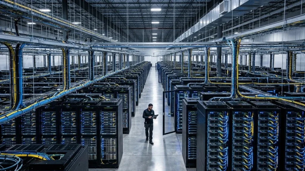 Enorme centro de datos moderno con servidores iluminados y cableado para computación de inteligencia artificial