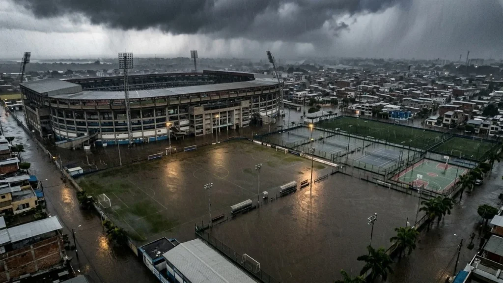 Vista aérea de canchas e instalaciones deportivas anegadas en Guayaquil