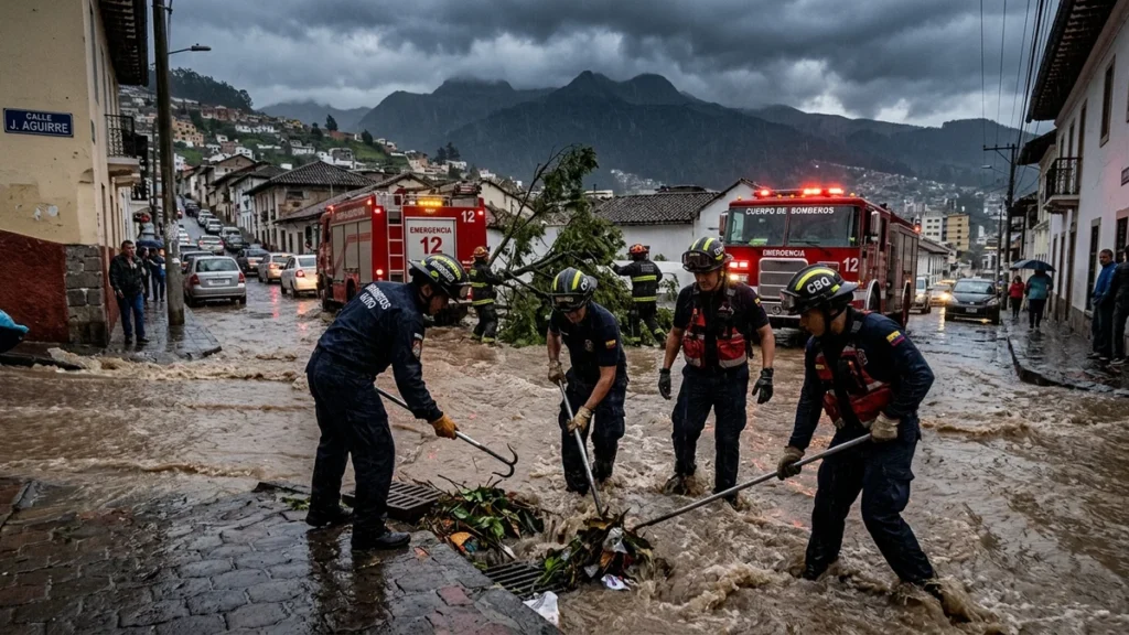Bomberos de Quito y cuadrillas municipales atendiendo inundación de calles tras intensas lluvias
