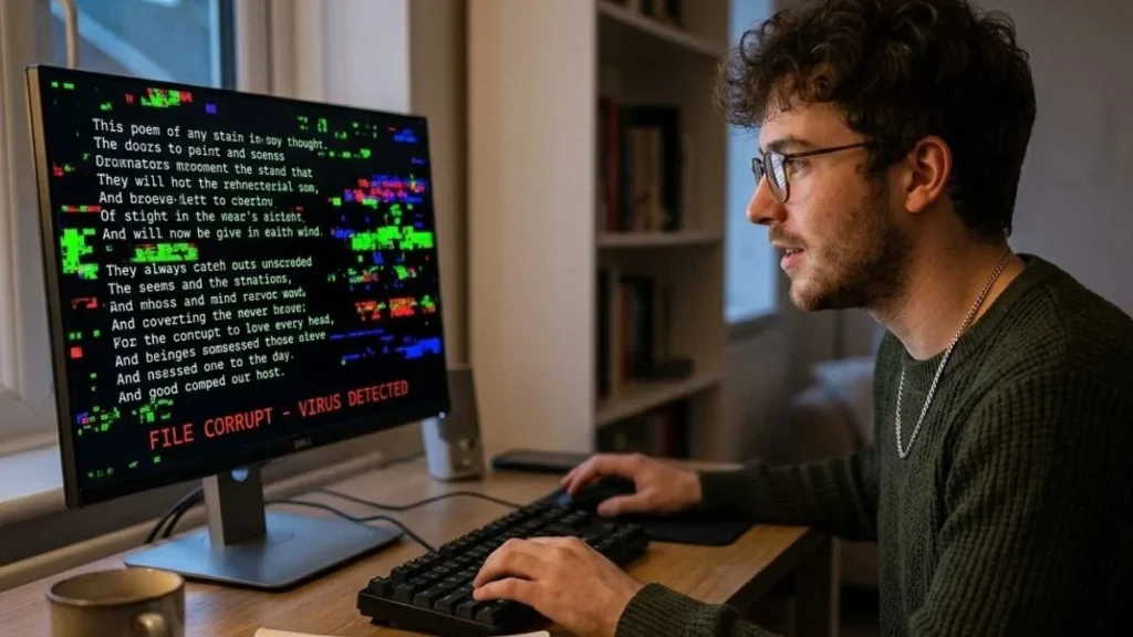 Ilustración digital de código informático y amenaza de ciberseguridad en servidores