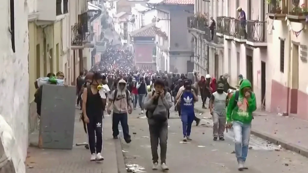 Manifestantes marchan por calles cívicas portando banderas y pancartas en Ecuador