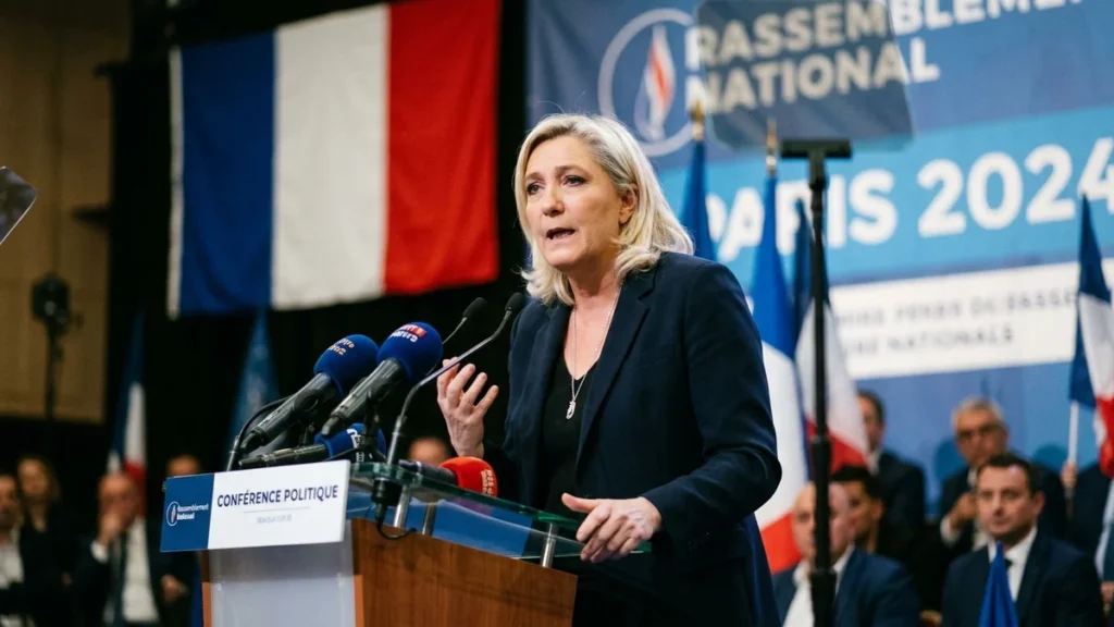 Marine Le Pen hablando ante los medios en conferencia política en París
