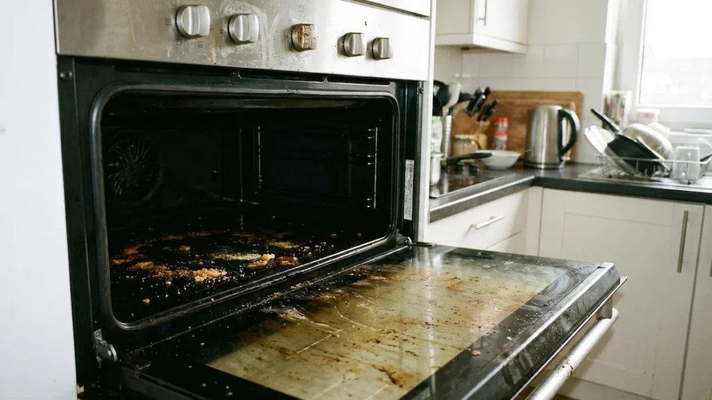 Interior de un horno de cocina con preparación limpiadora aplicada sobre las paredes esmaltadas