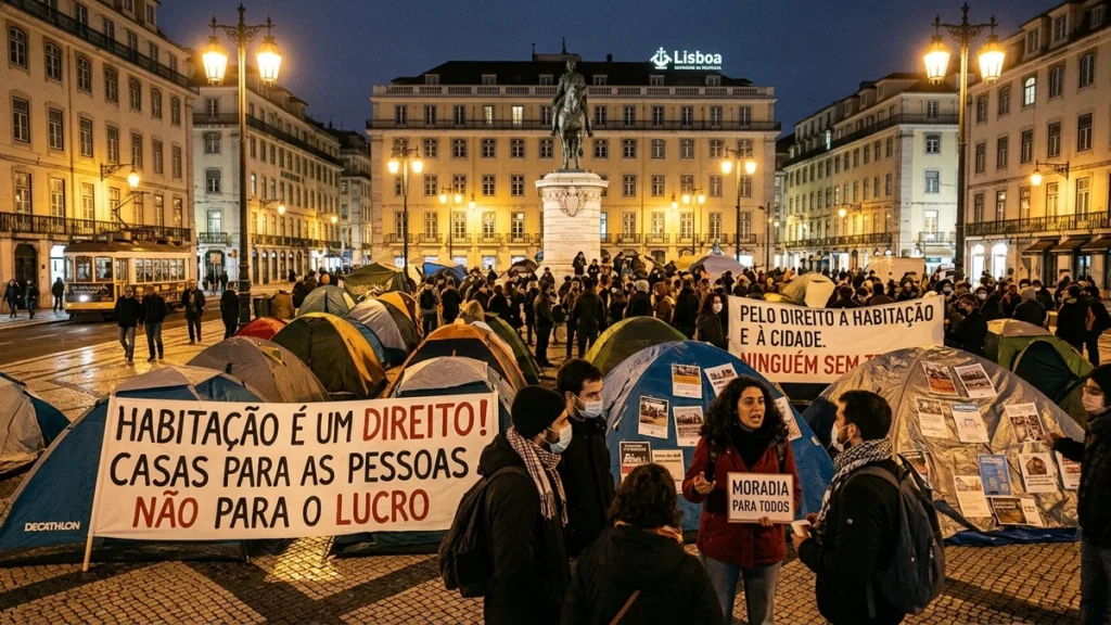 Manifestantes en Lisboa acampando con tiendas de campaña en protesta por el derecho a la vivienda