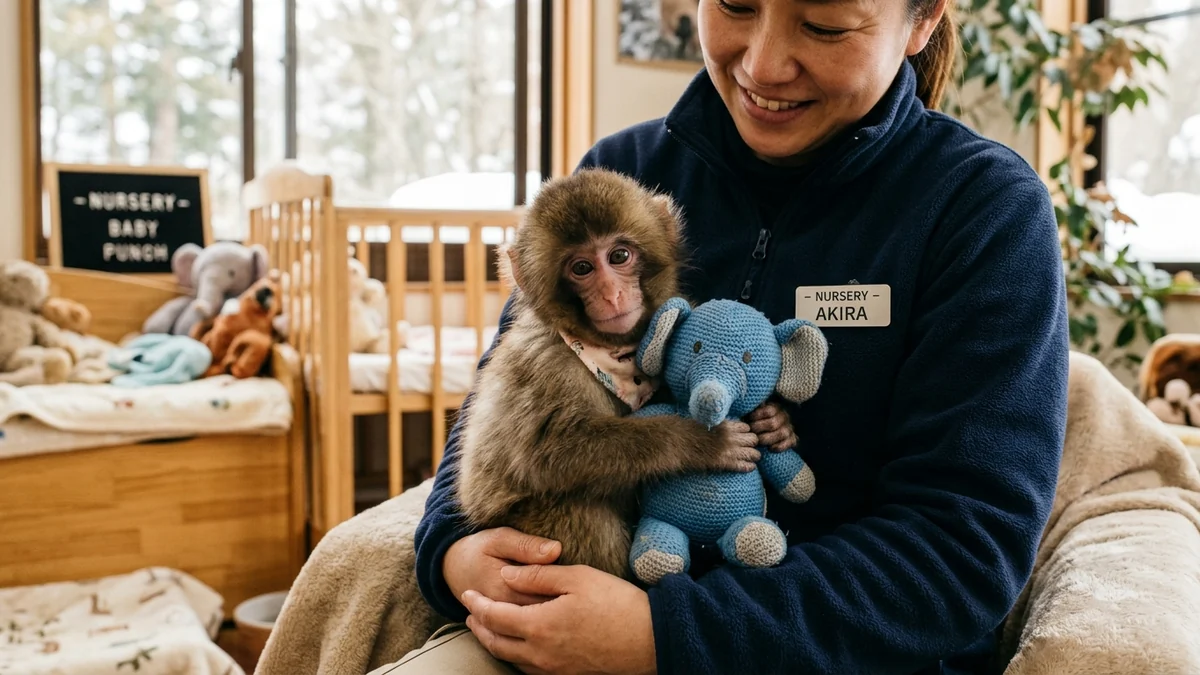 Bebé macaco japonés Punch siendo cuidado amorosamente con un peluche en el zoológico