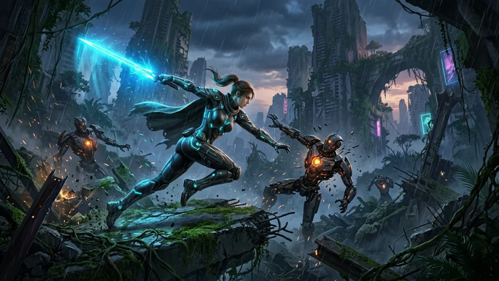 Concepto visual del videojuego Edge of Memories con protagonista en combate futurista