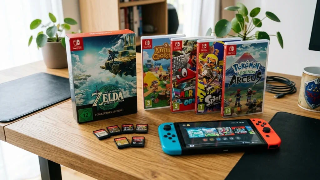 Cartuchos de Nintendo Switch y videojuegos en cajas físicas sobre una mesa