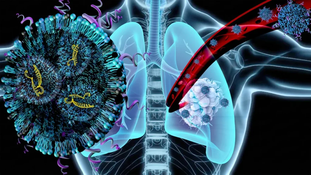 Micrografía y nanopartículas lipídicas administrando terapias moleculares en tejido pulmonar