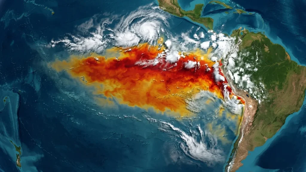 Gráfico satelital térmico del fenómeno de El Niño en el Pacífico