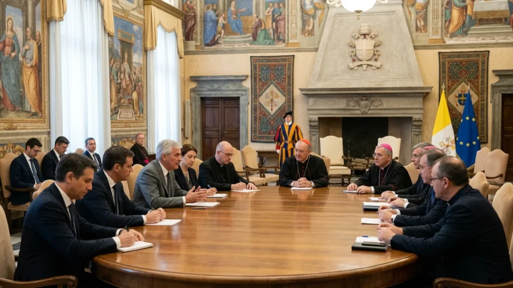 Sala de conferencias diplomática del Vaticano en reunión oficial de paz