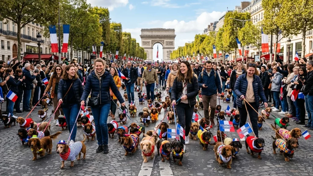 Desfile de cientos de perros salchicha teckel caminando por la avenida de los Campos Elíseos en París