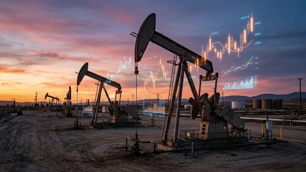 Pozos petroleros operando al atardecer con gráficos financieros de mercados bursátiles