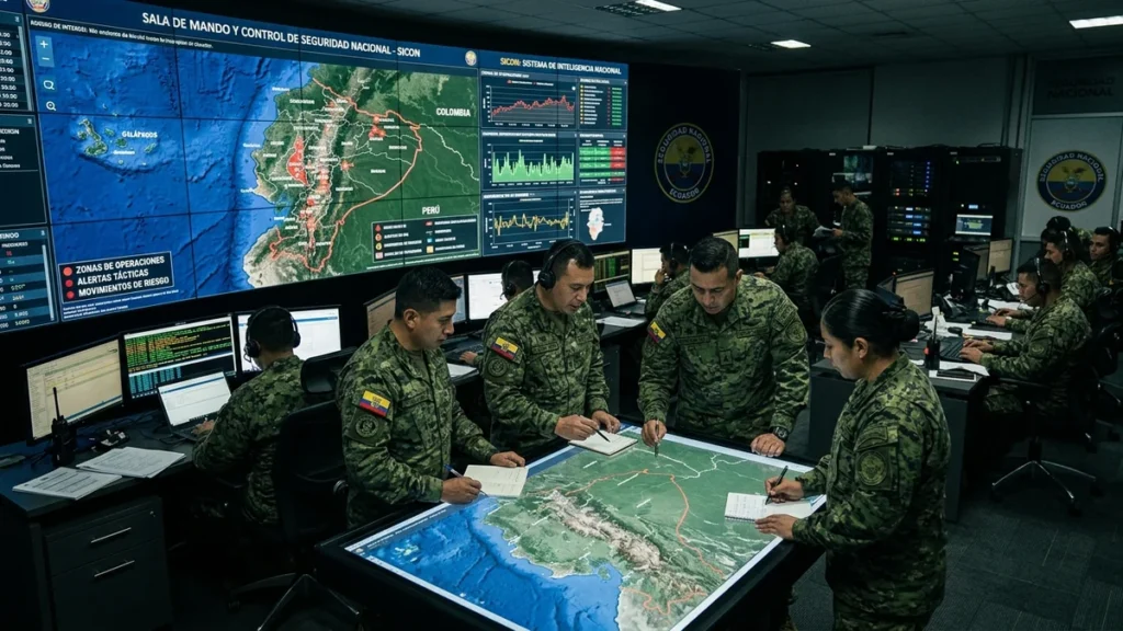 Mandos de seguridad y fuerzas armadas analizando estrategias en sala de control táctico