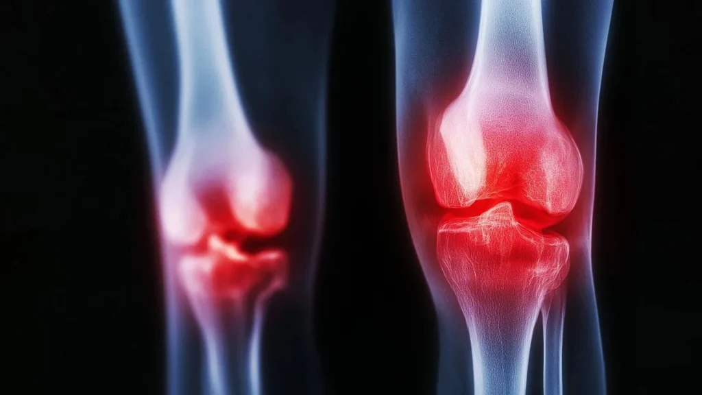 Radiografía médica de articulación de rodilla con artritis inflamatoria severa.