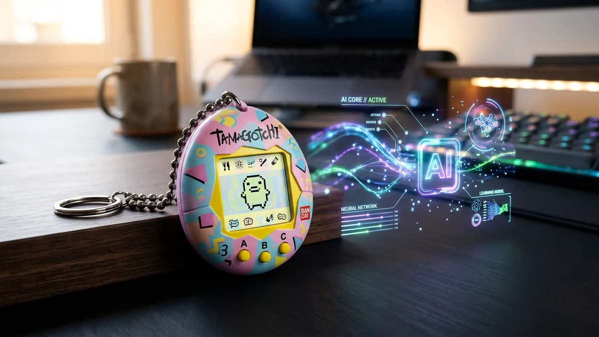 Dispositivo Tamagotchi clásico de los 90 sobre escritorio tecnológico moderno