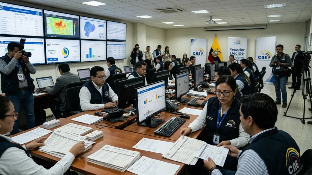Sala de monitoreo y control electoral con pantallas y funcionarios en Ecuador