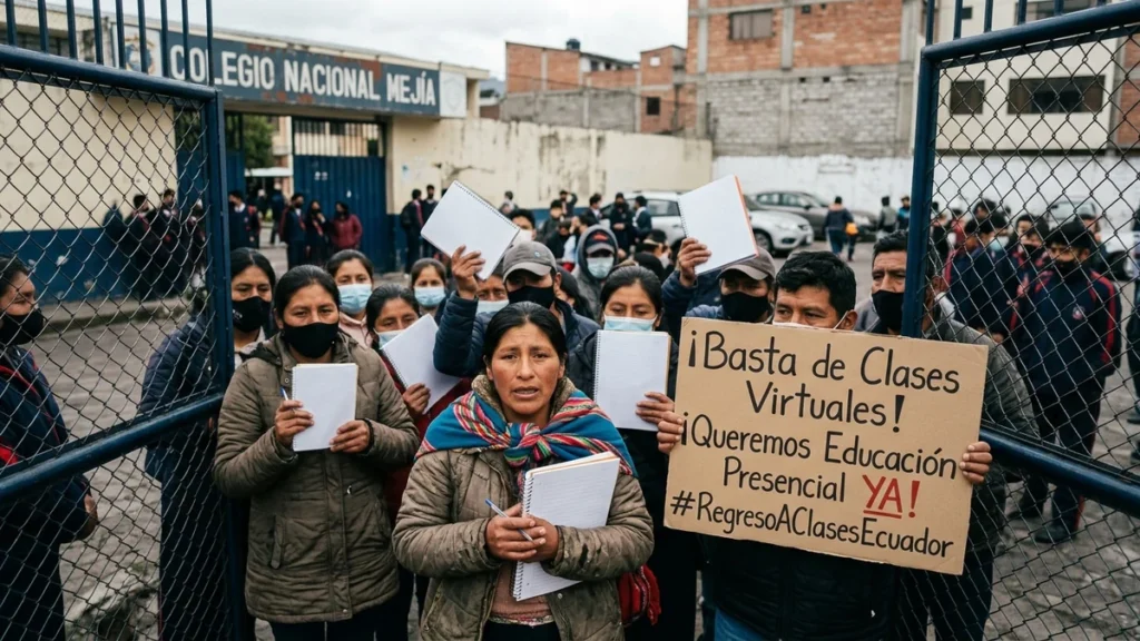 Padres de familia reclamando por el retorno a clases presenciales en exteriores de colegio