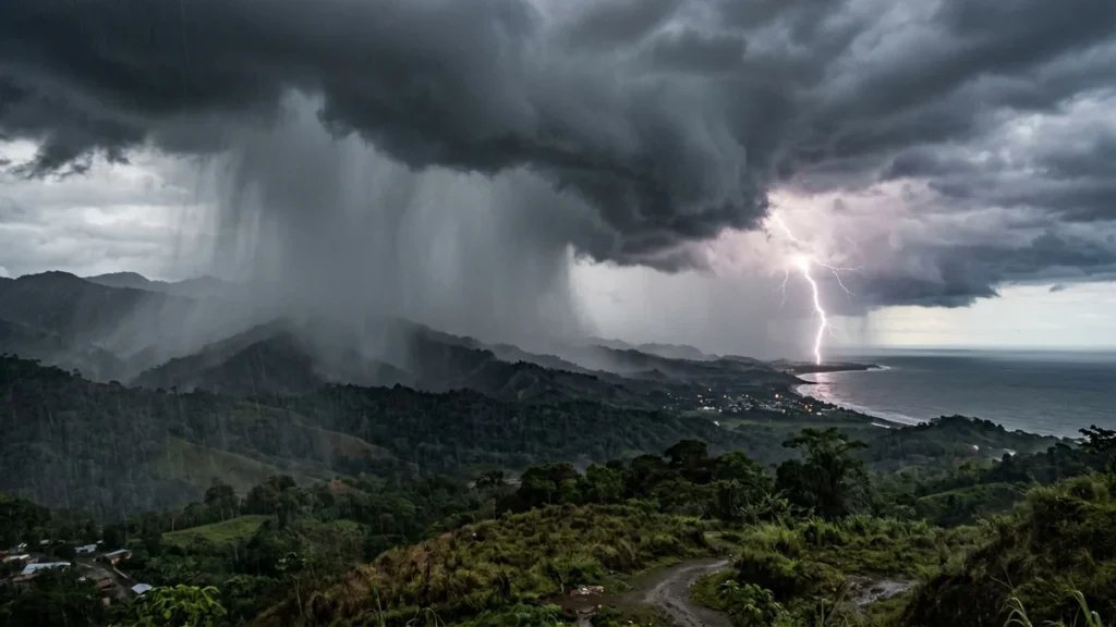 Cielo dramático con tormentas eléctricas en el horizonte costero y lluvias en las montañas andinas