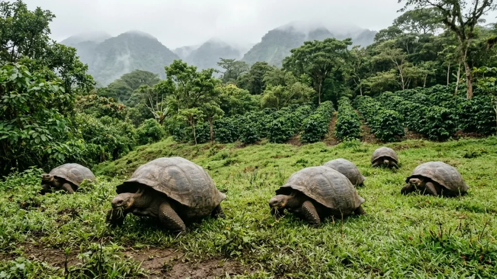Tortugas gigantes pastando cerca de plantaciones de café orgánico en Galápagos