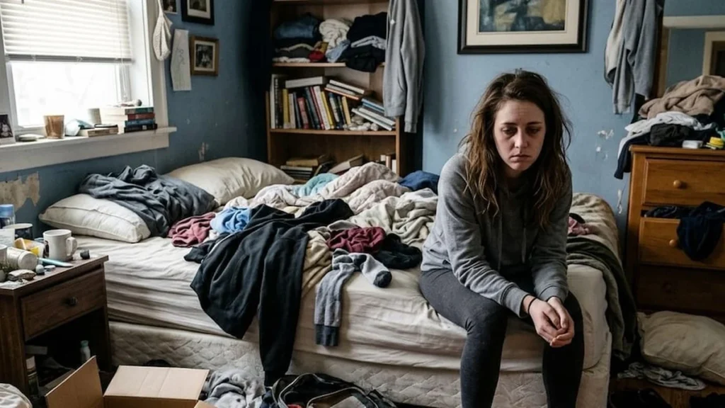 Habitación desordenada con ropa acumulada y libros sobre el escritorio
