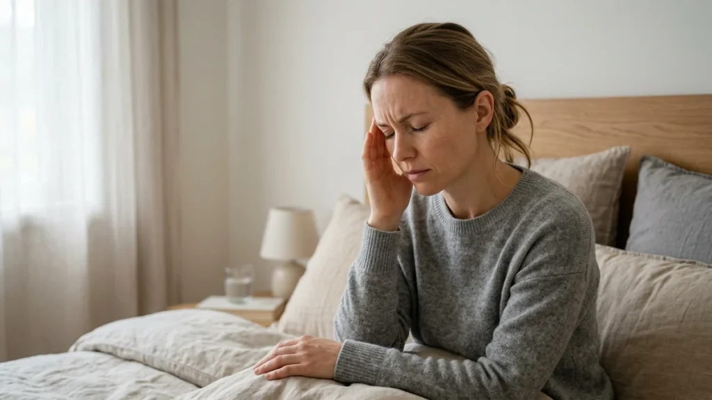 Mujer descansando con dolor de cabeza y migraña en ambiente tranquilo