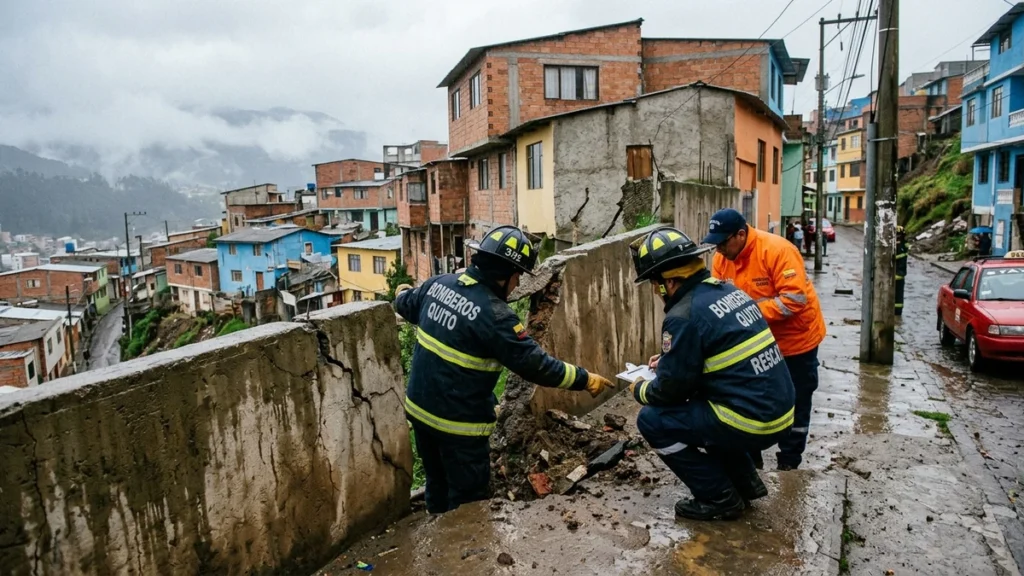 Bomberos de Quito inspeccionando un talud inestable y muro cuarteado en un barrio vulnerable por lluvias