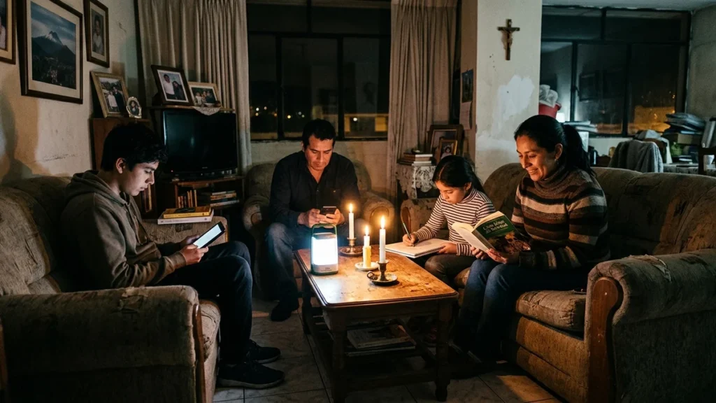 Familia ecuatoriana reunida en la sala de su hogar iluminada con velas durante un corte de luz nocturno